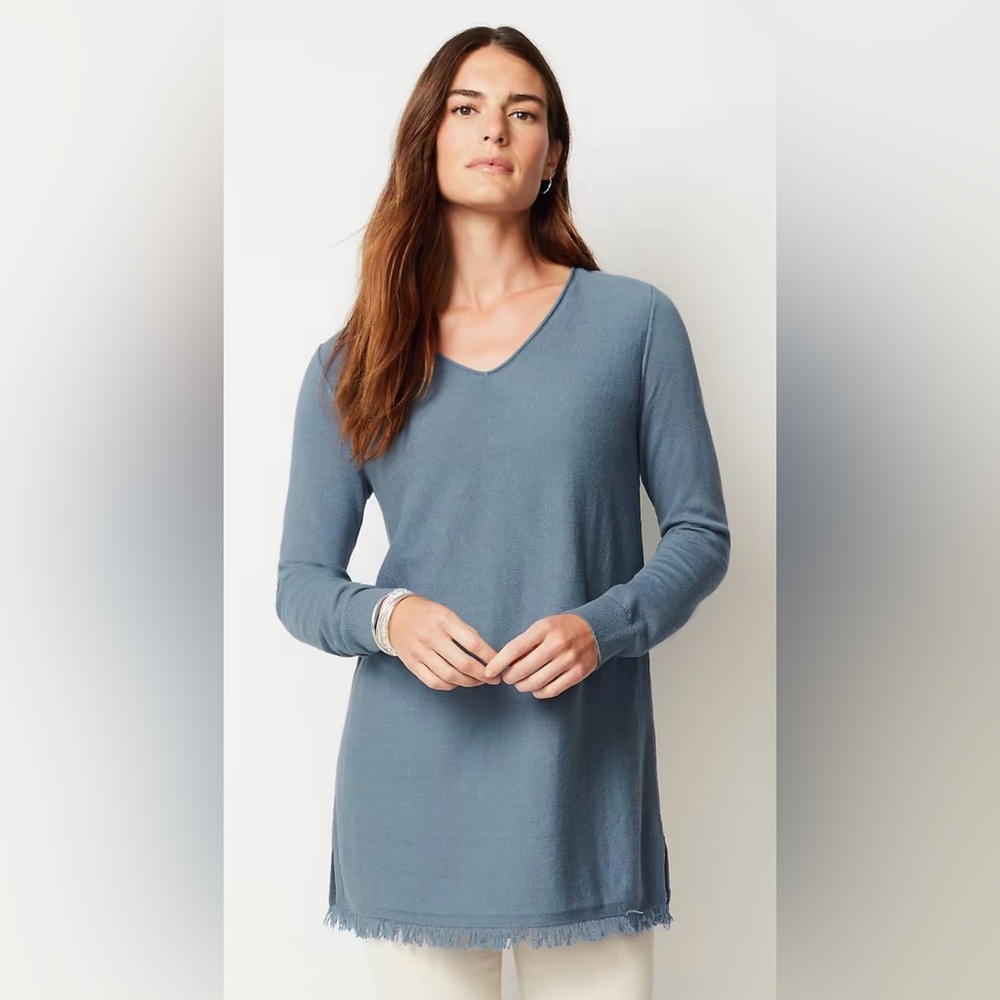J. Jill Easy Fringe Hem V Neck Tunic Blue Size Small